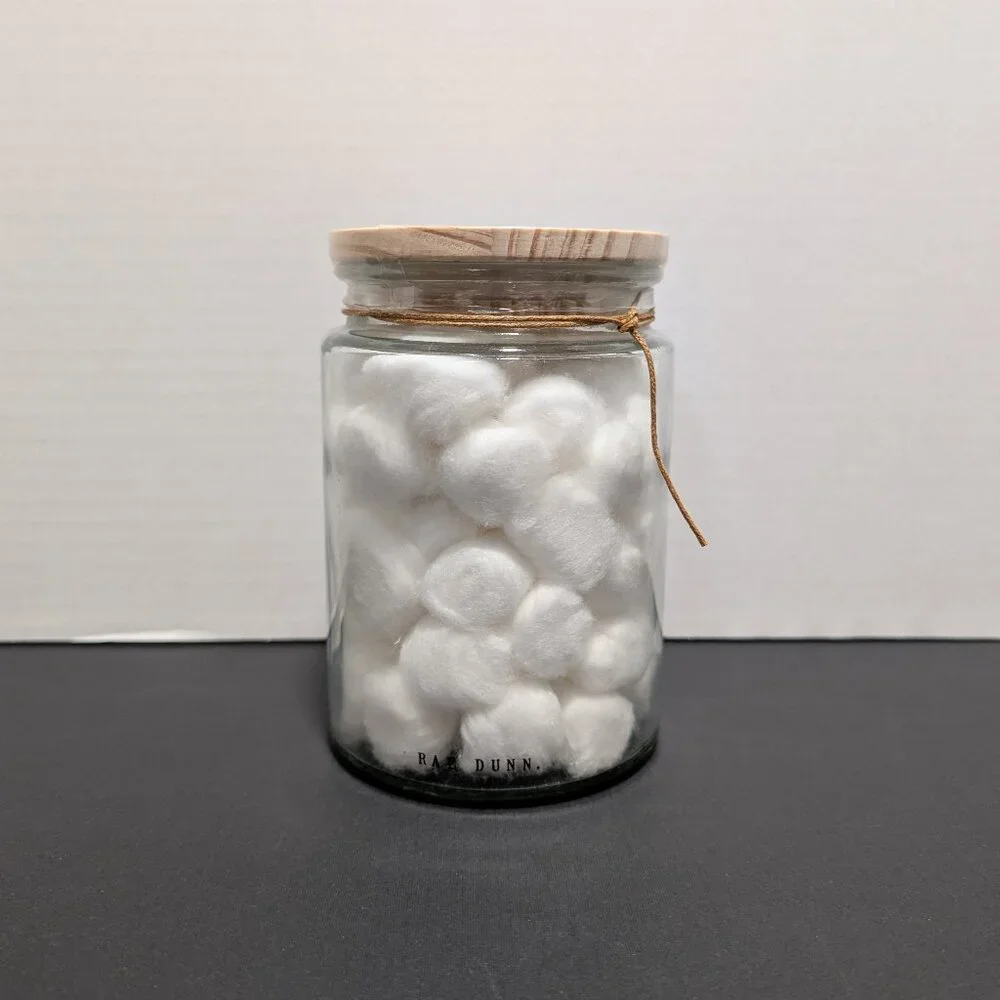Rae Dunn 2020 Cotton Balls Clear Glass Jar Wooden‎ Lid New Bathroom Canister